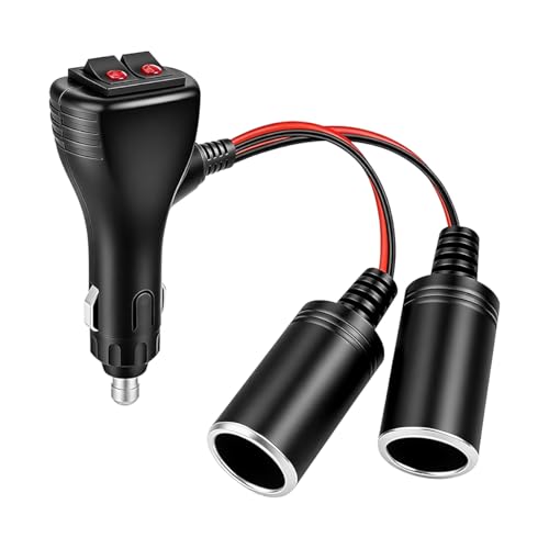 16AWG 12V Car Cigarette Lighter Splitter, 1 to 2 Auto Cigarette Lighter Adapter with Dual Independent ON/OFF Switches, 2 Way Socket Vehicle Power Charger Splitter, Universal Fit