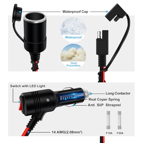Cigarette Lighter Cable with On Off Switch 12V 24V SAE to Cigarette Lighter Plug with Switch 14AWG 20A Fuse with LED Light, Waterproof Cover Suitable for Cars, Motorcycles, Boats (3 m/10 ft) - size: 3 m/10 ft