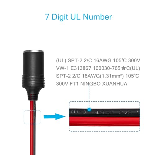 Chanzon 6ft 12V 24V Car Cigarette Lighter Female Socket to Battery Eyelet - color: 6ft Female-to-Eyelet Red-and-Black