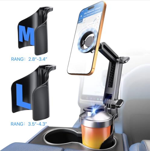 ELWEY Cup Holder Phone Holder for Magsafe, Car Phone Holder Magnetic, Upgraded 2 in 1 Cup Holder Phone Mount with Dual Adjustable Bases, Powerful N55 Magnet, 15" Height, for iPhone 17 Pro Max 16 15
