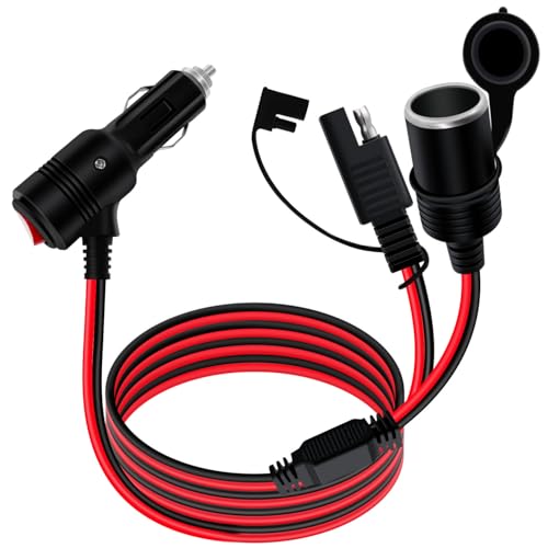Cigarette Lighter Cable with On Off Switch 12V 24V SAE to Cigarette Lighter Plug with Switch 14AWG 20A Fuse with LED Light, Waterproof Cover Suitable for Cars, Motorcycles, Boats (3 m/10 ft) - size: 3 m/10 ft