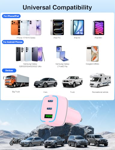 75W USB C Car Charger, 3-Port Super Fast Charging Cigarette Lighte - color: Pink, size: 3.3+6+6+6FT-C to C