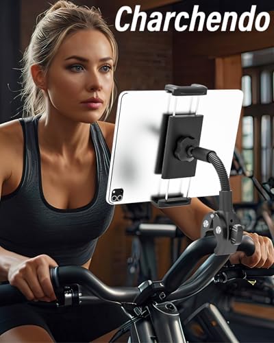 Charchendo Metal Gooseneck Tablet Mount with Anti-Slip Silicone, Universal Clamp-On Round Tube iPad Holder for Indoor Cycling Bike, Gym Bike, Elliptical & Rowing Machine, Fits 4-13in Tablets & More