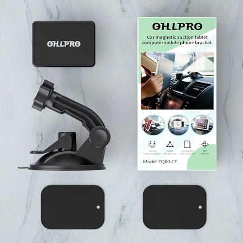 OHLPRO Dashboard Magnetic Tablet Holder for Car, Windshield iPad Car Phone Suction Cup Mount with Magnets, for All 6"-11" Apple Phones iPad Samsung Galaxy Tab Tablet, 360° Rotation, Black - size: Fit for tablets