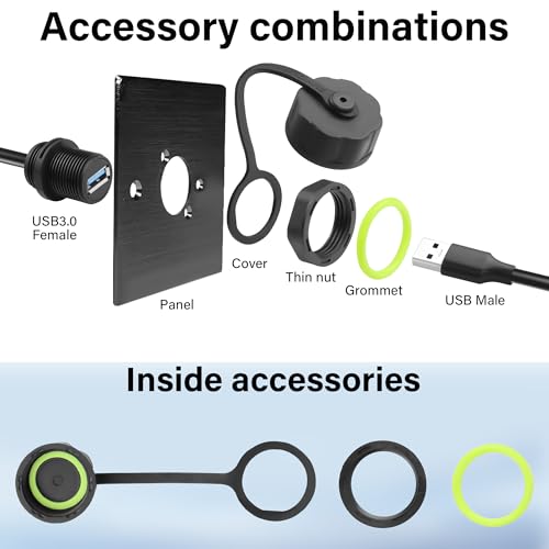 USB 3.0 Male to Female Mount Flush Extension Cable IP68 Outdoor Waterproof USB Threaded Socket Cable Adapter 5.0Gbps USB A Waterproof Socket for Data + Power,Industrial Standard 3.28ft