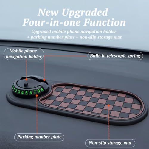 Multifunction Car Anti-Slip Mat, Universal Car Anti Slip Mat Phone Holder, Dashboard Accessories, 360° Rotating, with Temporary Parking Numbe, for Phones, Keys, Gadgets (Gray-Silver)
