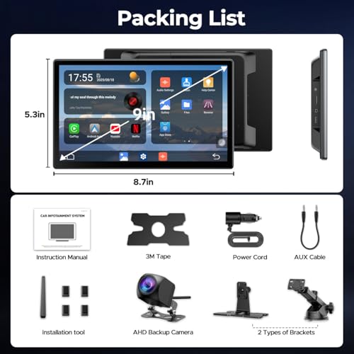 LAMTTO 9" Apple CarPlay Screen with Backup Camera & Streaming Apps