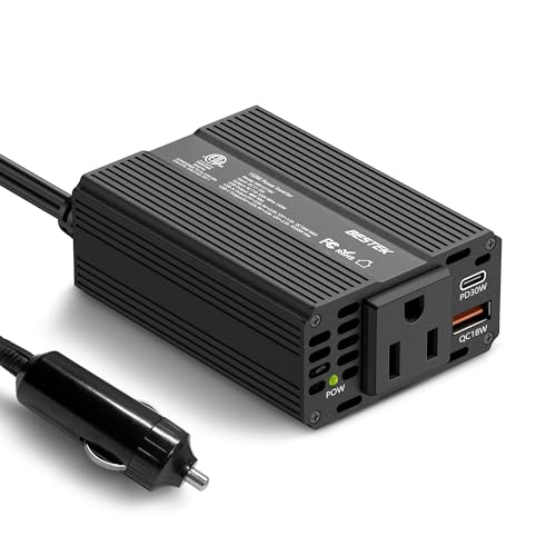 BESTEK Power Inverter DC 12V to AC 110V - 200W Car Plug Adapter Outlet PD 30W USB-C & QC18W USB-A Fast Charging Port - Car Charger Cigarette Lighter Adapter for Phone, Laptop - ETL FCC Certified - color: Matt Black