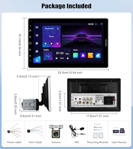 Single Din Car Stereo with Wireless Carplay Android Auto 10.1 Inch IPS Touchscreen Car Radio with Mirror Link Bluetooth 5.2 Handsfree FM RDS EQ USB SWC Car Audio Receiver Backup Camera