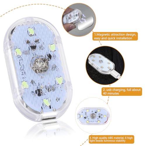 2 PCS Car LED Lights Interior Wireless, Super Bright Auto Interior Ambient Light with 6 Bright LED Lamp Beads, Portable USB Rechargeable Car Led Night Light for Vehicle Decor(Ice Blue)
