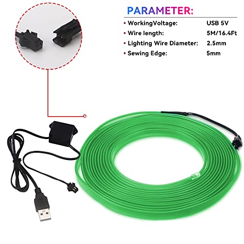 Keiurot Green EL Wire Neon Light, 16FT USB 5V for Car Interior Trim - color: Green