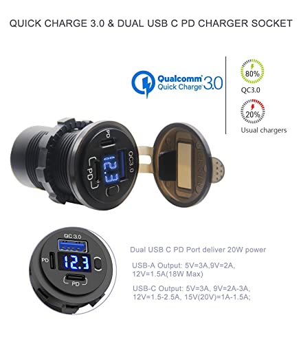 2 Pack 12V USB Outlet, QC3.0 & PD Dual Car Charger with Voltmeter & Switch - color: 2PD+1QC