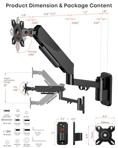 Heavy Duty Single Monitor Arm Wall Mount fits 27-45 Inch Flat/Ultrawide - size: 27 - 45 Inch, style: Single Arm