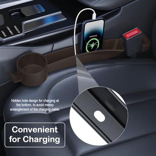Car Seat Gap Plug with Storage Slot, Auto Gap Filler Organizer with Cup Holder, Universal Carseat Side Gap Filler Strip 2 Pack Between Front Seats & Console, Anti-Drop Pad with Seatbelt Holes, Brown - color: Brown, Cup Holder & Hook