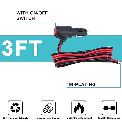 12Volt Replacement Cigarette Lighter Male Plug with On Off Switch - 3FT 12V Fused 15amp Cigarette Male Plug with 16gauge Leads, 12V DC Car Plug Replacement for Car Cooler,Cb Radio, Air Compressor - size: 3FT
