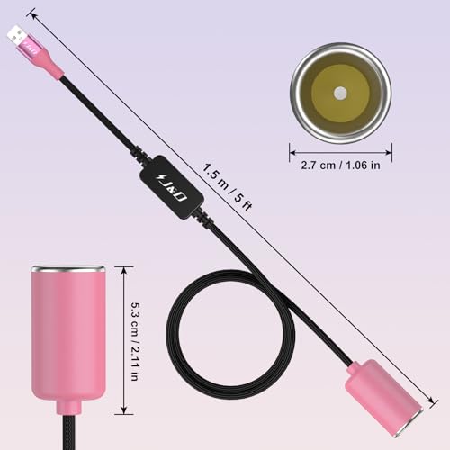 J&D USB A Male to 12V Car Cigarette Lighter Socket Female Converter Cable, 5 ft, 12V 18W Power Adapter, Compatible with Dash Cam, GPS, Car LED Light Strips, Pink - color: Pink, size: 5 Feet/ 150 CM
