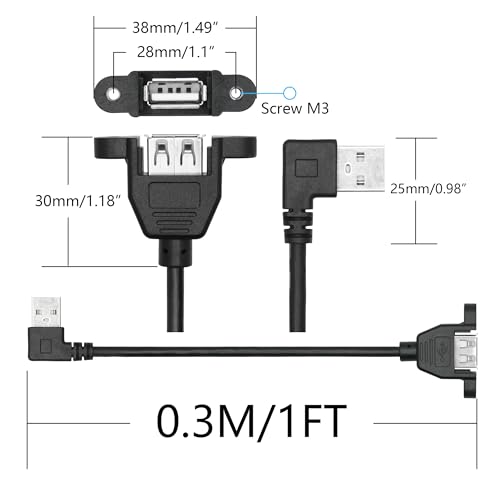 2Pcs 90 Degree USB A Panel Mount Extension Cable 1FT, Charging and Data - style: Left Angle USB A Male to Female Cable - 1FT