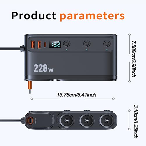 FMIIFMS 9 in 1 Cigarette Lighter Adapter, 228W 3 Socket Cigarette Lighter Splitter with Retractable Car Charger, PD45W/QC 3.0 * 2 Charge, 12V/24V Independent Switches for Car Devices