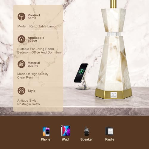 Scenekoy 27" Modern Alabaster Table Lamp Set of 2 with Night Light, USB A+C - color: White
