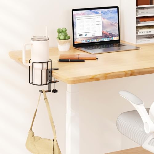 Large Desk Cup Holder, 2-in-1 Clip On Cup Holder with Headphone Hook, Heavy-Duty Metal Drink Holder for Insulated Tumblers, Big Water Bottles, Fits Office Desk Organizer, Dorm, Gaming Setup (1 Pack) - color: Black- 1 Pack