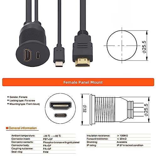 chenyang USB C & HDMI 4K Flush Car Latch Mount Waterproof Dustproof Adapter - style: HDMI/USB 2.0 Type C