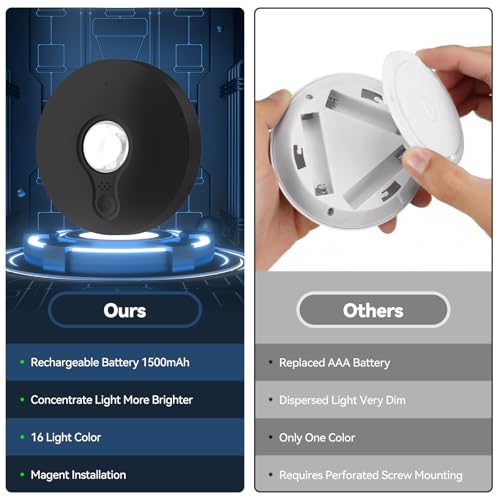 Rechargeable Puck Lights with Remote, 3 Pack Magnetic Under Cabinet Lighting, 1500mAh Battery Operated LED Tap Lights with Dimmer & Timmer for Kitchen, Closet, Shelf - 3 Color Temps & 12 RGB, Black - color: Black