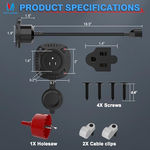 MICTUNING 15A 20 Inch AC Port Plug with Heavy Duty Integrated Extension Cord with Water Resistant Cap and Hole Saw, Black - size: 20Inch