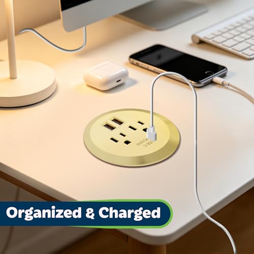 TOPGREENER Gold Desktop Power Grommet, Recessed Power Strip with GaN 60W PD - color: Gold