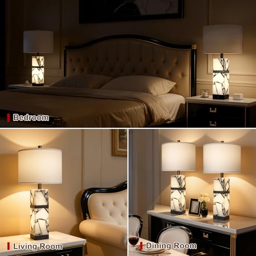 Scenekoy 27" Alabaster Table Lamp Set of 2 with Night Light for Living Room - color: Black
