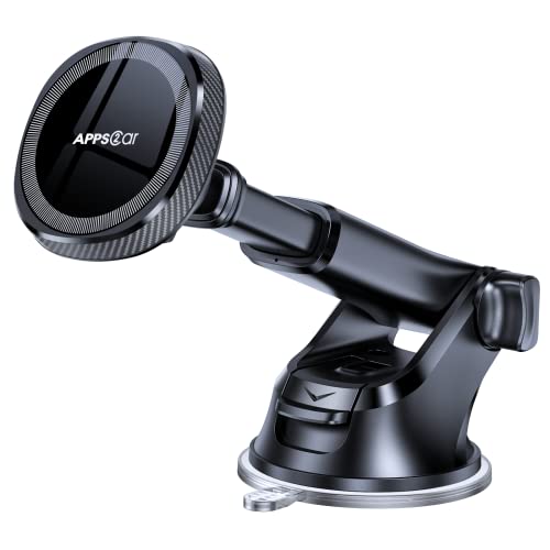 APPS2Car for MagSafe Car Phone Mount for iPhone, Magnetic Windshield Dashboard Holder with Telescopic Arm and Strong Suction Cup, Compatible with iPhone 17/16/15/14/13/12 MagSafe Cases - color: Black
