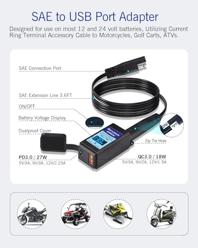 Garystat Motorcycle USB-C Charger, SAE to USB Adapter, 27W Dual Port USB Fast Charger with Voltmeter/Ammeter & ON/Off Switch, Perfect for Charging Phone, Tablet, GPS etc