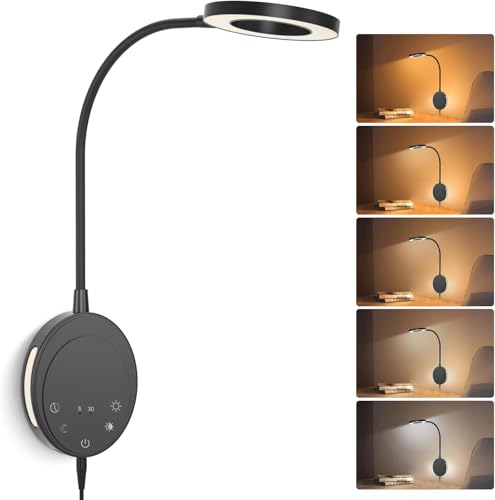 Wall Mounted Reading Light, Bedside Headboard Lights with 5 Color Temperature & 5 Dimming, 360 Flexible Gooseneck, USB Output, Night Light & Timer Function - Perfect for Reading (Black) - color: Black