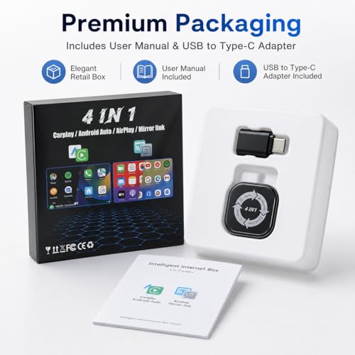 Wireless CarPlay Adapter 4 in 1, Wireless Android Auto Box with Airplay Mirror Link, Screen Mirroring, Plug & Play for Cars with Wired CarPlay/Android Auto