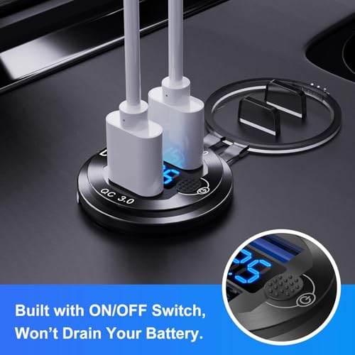 12V Flush Mount Car Charger, Aluminum Metal Body with LED Voltmeter and Switch, Dual QC3.0 USB Port for Marine, RV, Motorcycle & Panel Mounting (red) - color: red