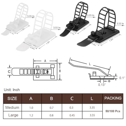 50Pcs Adhesive Cable Management Clips with 50Pcs Zip Ties, Adjustable Nylon Cable Strap Ties Wire Clips Clamps Organizer, Extra Screw & Hole - 3.35 Inch White - color: White, size: M-50pcs
