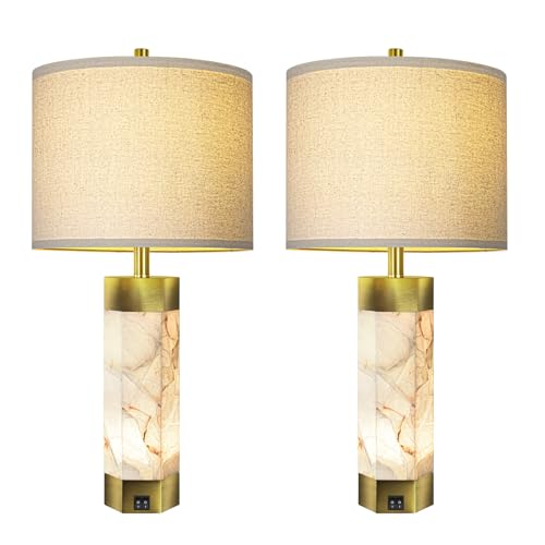 Scenekoy 27" Alabaster Table Lamps Set of 2,Table Lamp with Night Light - color: Pure White