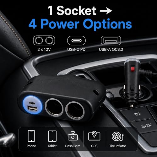 Cliff Top Car Cigarette Lighter Splitter, Dual Socket USB-C PD QC3.0 Switch