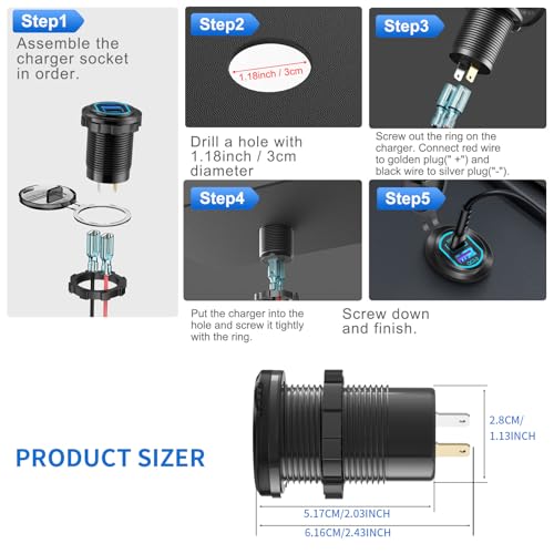 12 Volt USB C Outlet PD 100W Car USB Port for Laptop and QC3.0 18W Car Charger Socket Aluminum Alloy, Fast Charging Cigarette Lighter Replacement DIY Accessary for RV MarineTruck Boat Golf