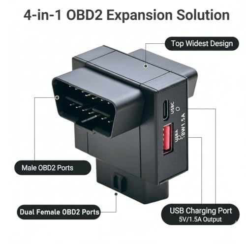iKKEGOL OBD2 Splitter Adapter, OBD II 16 Pin 1 Male to 2 Female Extension Cable with USB & USB-C Charging Ports, OBD2 Y Splitter 2 Way Dual Converter for Diagnostic Scanner Dash Cam (Top Widest) - color: Top Widest