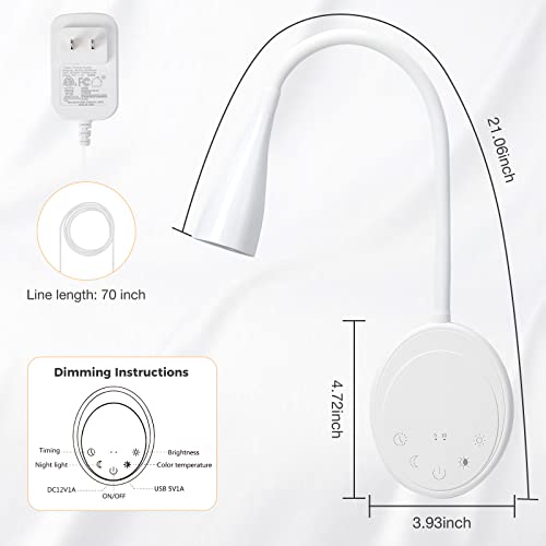 SANKEDOU LED Wall Mounted Reading Light, Book Light for Reading in Bed with Touch Control, 5 Dimmable, USB Output, Night Light & Timers Function, Flexible Gooseneck Headboard Bed Lights (White) - color: White