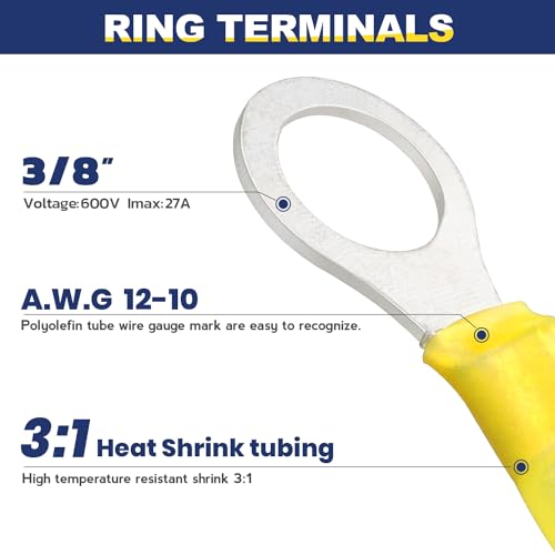 haisstronica 100PCS Heat Shrink Ring Terminals, 12-10 AWG, 3/8 in, Yellow - color: Yellow, size: Ring 3/8"