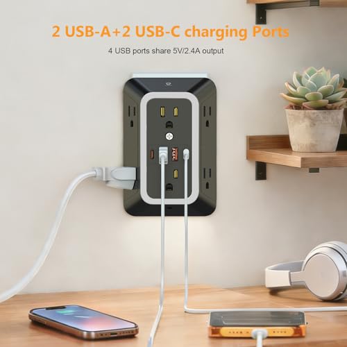 Wall Outlet Extender with Night Light, Power Plug Adapter 6 Outlet Extender with 4 USB Charging Ports(2 USB C),1050J Power Strip Multi Plug Adapter Spaced for Home Office Travel-Black-ETL - color: Black-1Pcs