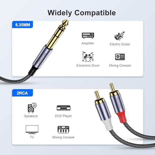 MOSWAG 1/4" TRS to RCA Male Audio Cable 16.5FT, Stereo 2Rca to 1/4 AUX - color: Black, size: 16.4 ft