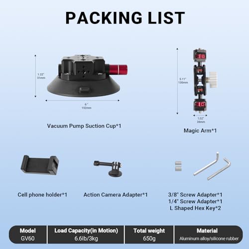 4.5in Camera Suction Cup with Aluminum Ball Head Magic Arm, 1/4" ARRI Holes Car Camera Mount Compatible with DJI Gopro Insta360 Phone Action Camera with Phone Holder - style: 4.5in