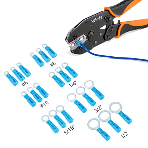 Wirefy Heat Shrink Ring Terminals #10 - Marine Grade Terminal Connectors - Waterproof Eyelet Wire Connectors - Red 16-14 AWG - 130 PCS