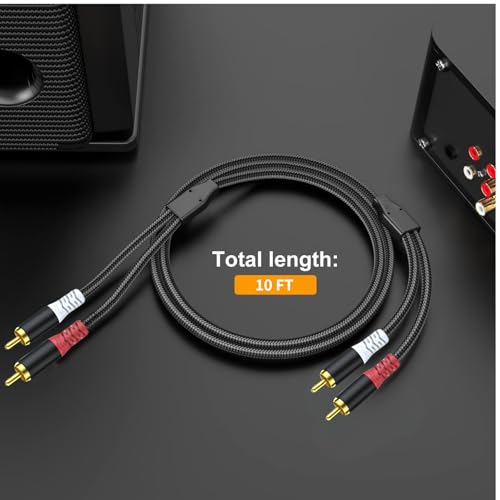 HOSONGIN RCA Audio Cable 10FT - Dual Shielded Noise Free Durable Braided Male to Male Long Audio Cord for Home Theater/Amplifier/Subwoofer/Speaker/Audio Receiver/Vinyl Record Player/SoundBar - 10 feet - size: 10FT-1Pack