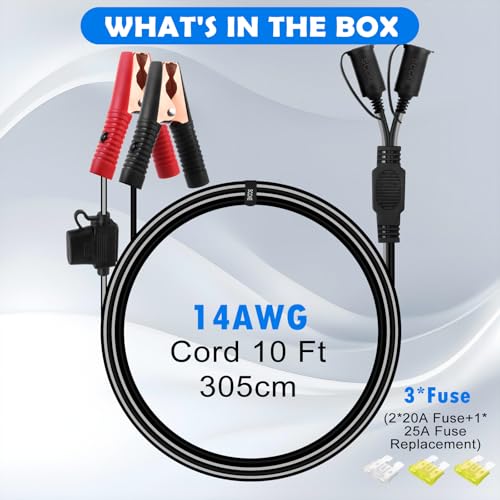10ft / 3.05m 14 AWG Extension Cord Dual Plug Socket with Battery Clamp 12V/ 24V Battery Clip-On and Cigarette Lighter Adapter