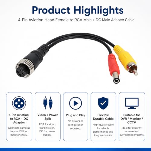 4 pin Aviation Head Female Turn RCA Male/DC Male Cable Plug Adapter Converter Suitable for on-Board DVR Monitor Closed Circuit Television Cameras - color: 4-pin female to RCA male and DC male
