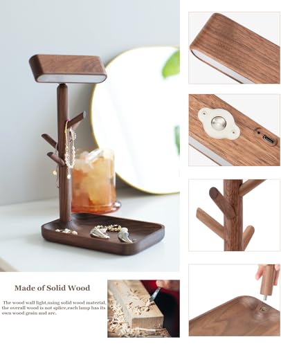 Rechargeable Table Lamp, Unique Wooden Bedside Lamp with Tray - color: Black Walnut