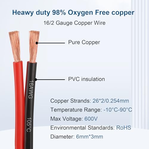 16 Gauge Wire - 16 AWG 2 Conductors Copper Wire Battery Cable Oxygen Free Copper Wire for Solar Panel, Automotive, Trailer, RV and Speaker (16 Gauge 10FT) - size: 10 FT, style: 16 AWG